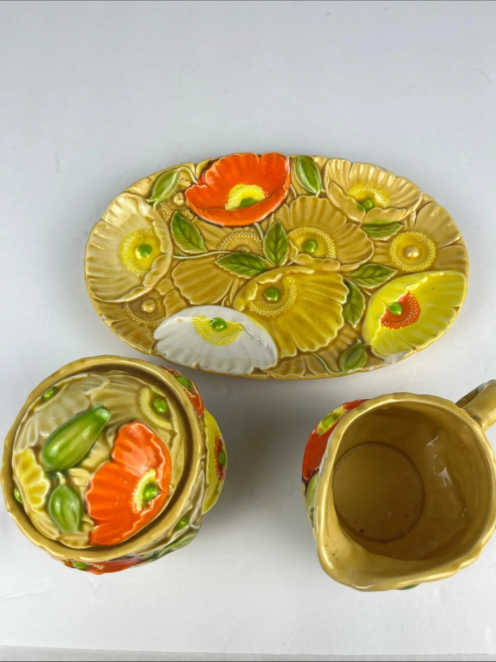 1970s Fred Roberts “Summer Flame Poppies” Cream & Sugar & small serving dish